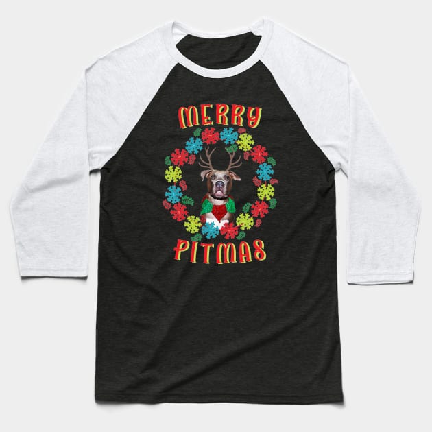 Merry Pitmas Pitbull Reindeer Baseball T-Shirt by Rosemarie Guieb Designs